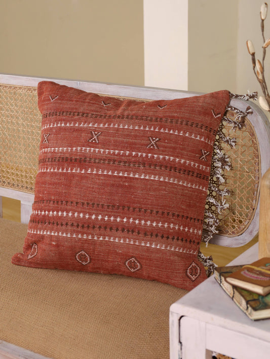 Rust Hand Embroidered Bhujodi Cover | 20” x  20” with feather insert