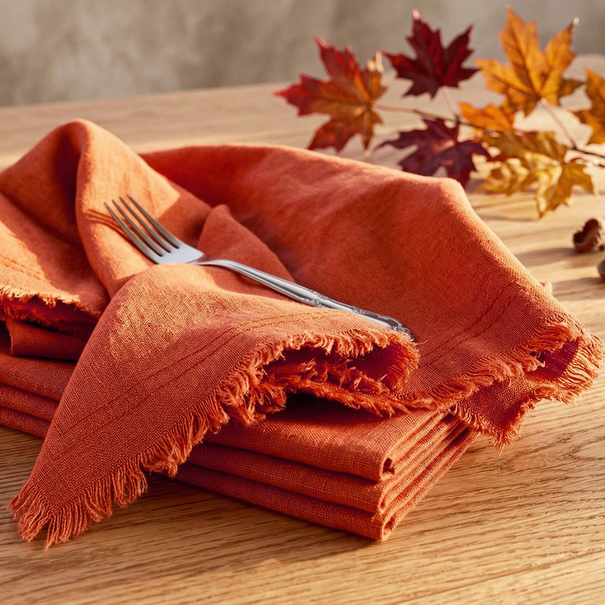 Fringed Raw Edge Pure French Linen Napkins Set of 4 - orange