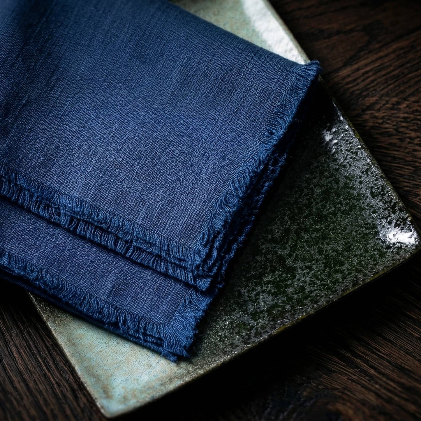 Fringed Raw Edge Pure French Linen Napkins Set of 4 -Navy