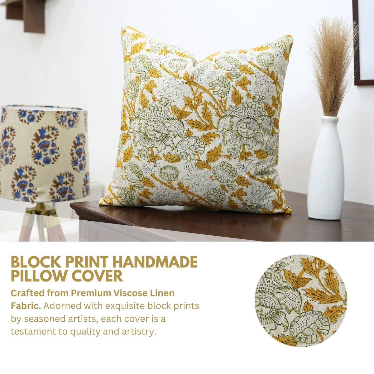 Handmade Block Print Viscose Linen Pillow Cover- Aakash: 20x20 Inch