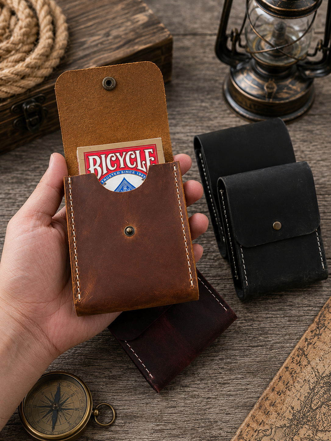 Leather Playing Card Case Holder, Poker Card Case Cover: Khaki Green