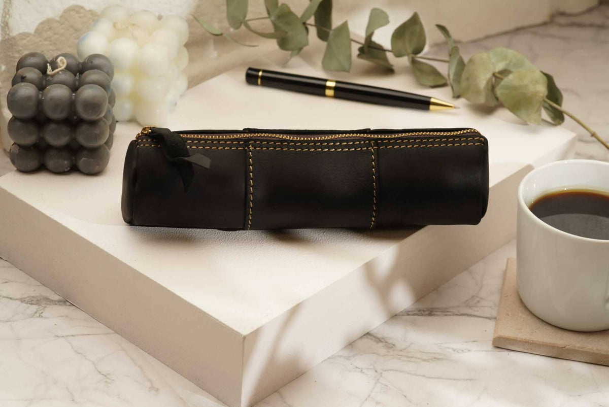 Leather Pencil Case, Make-up Brush Holder, Pen Holder: Brown