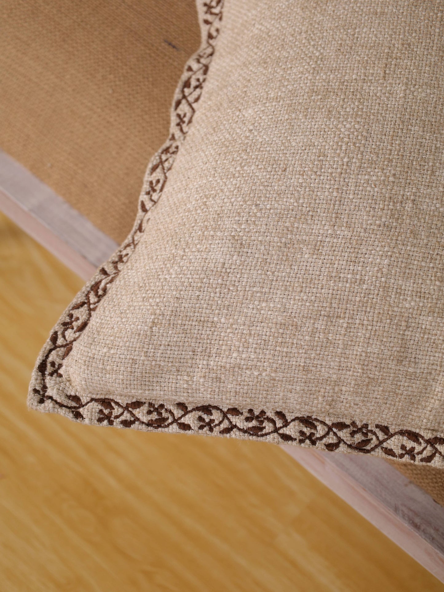 Knubby Linen Pillow Cover 20x20 | Hand Embroidered Edges- Feather insert included