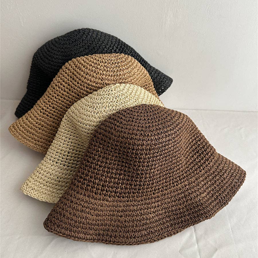 Minimalist Foldable Raffia Straw Bucket Hat 8BK6HAT01: Black
