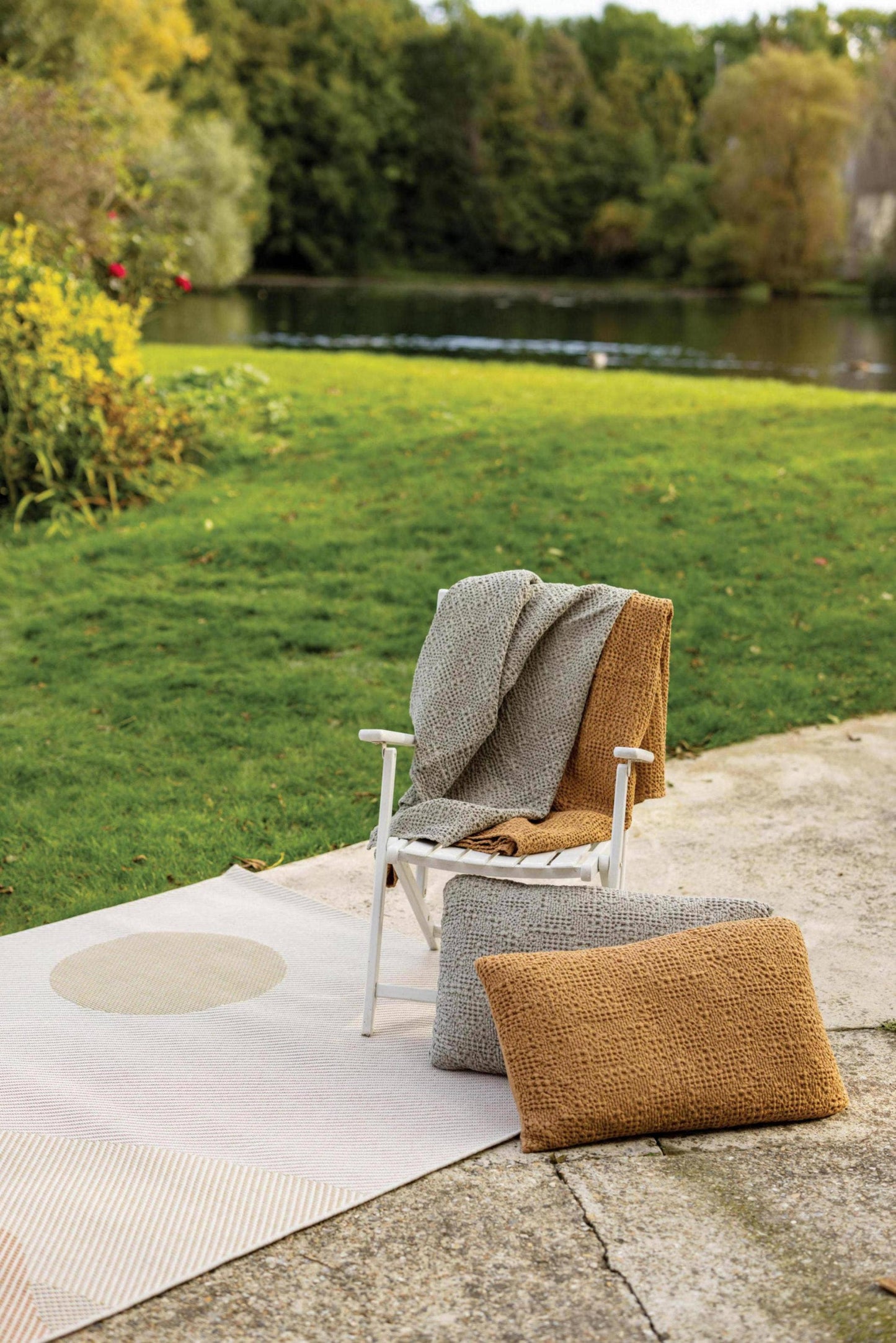 French 100% Stonewashed Cotton Blanket 140x200”. Dusty orange brown