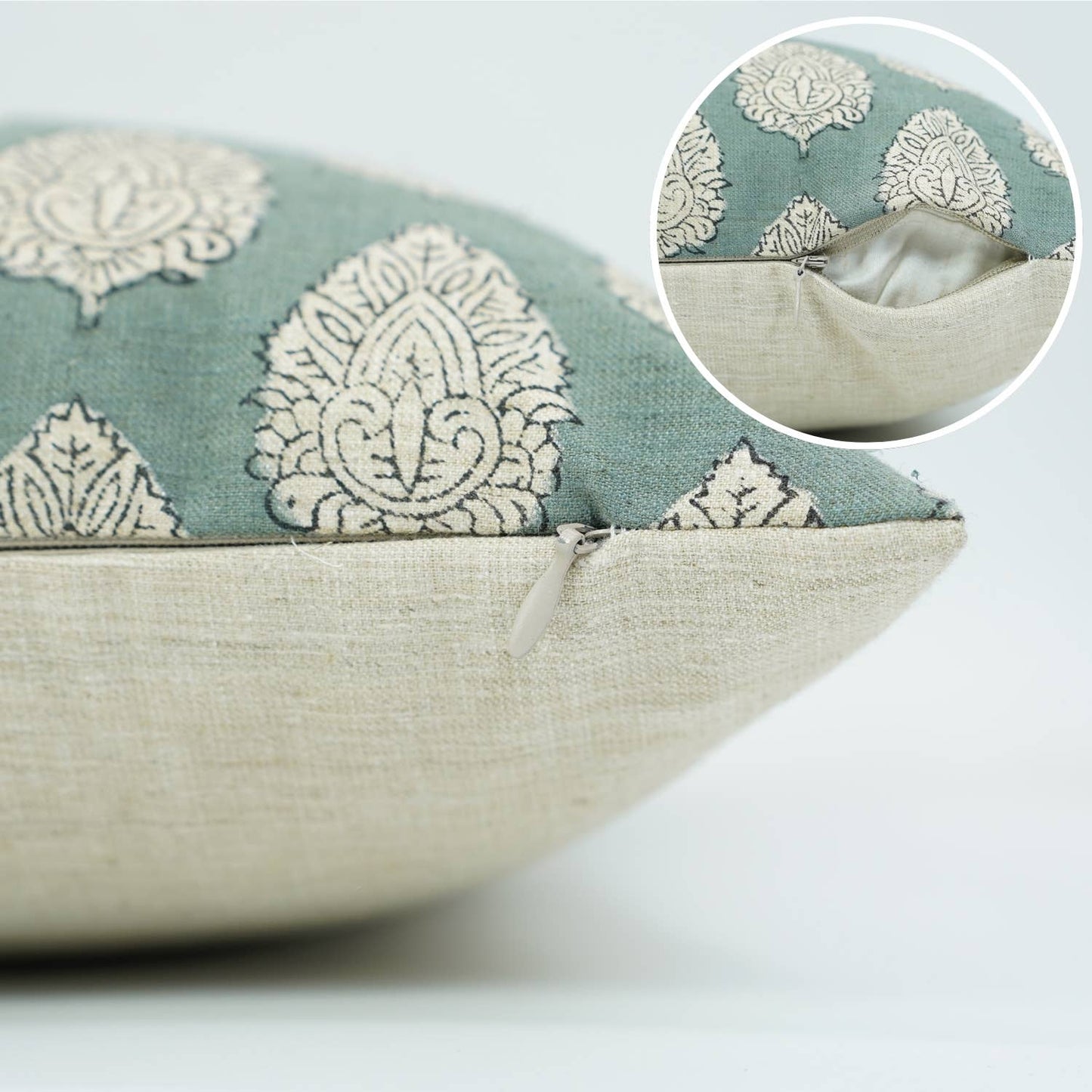 Indian Block Print Linen Blend Pillow Cover - Betal Leaf: Linen / One Side / 20X20