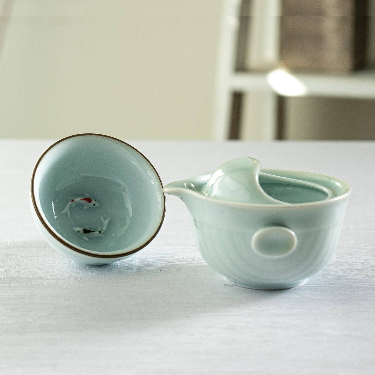 Koi Fish Tea Set 6oz Tea Pot with A Cup Light Blue/ Green