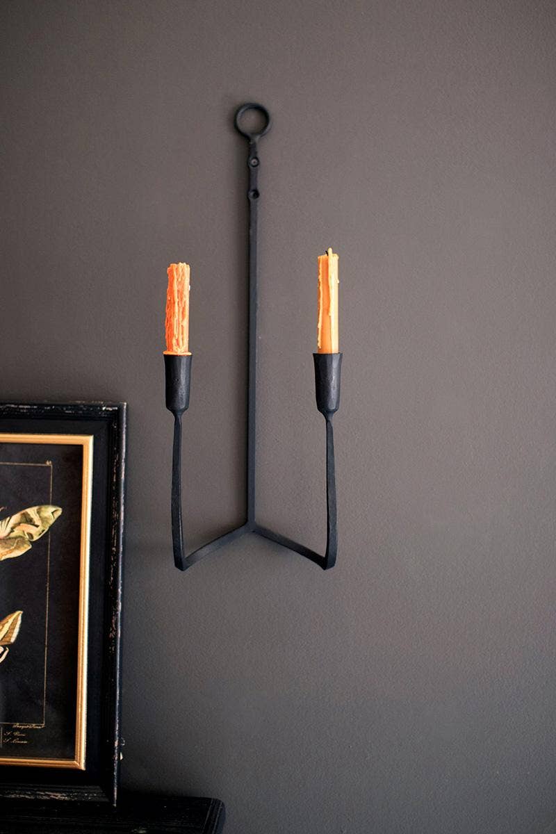 FORGED-IRON DOUBLE TAPER WALL SCONCE: Black / Forged Iron