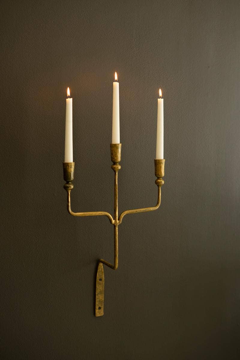 TRIPLE TAPER FORGED-IRON WALL SCONCE - ANTIQUE BRASS: Gold / Metal / 11.25" x 4.5" x 20"t