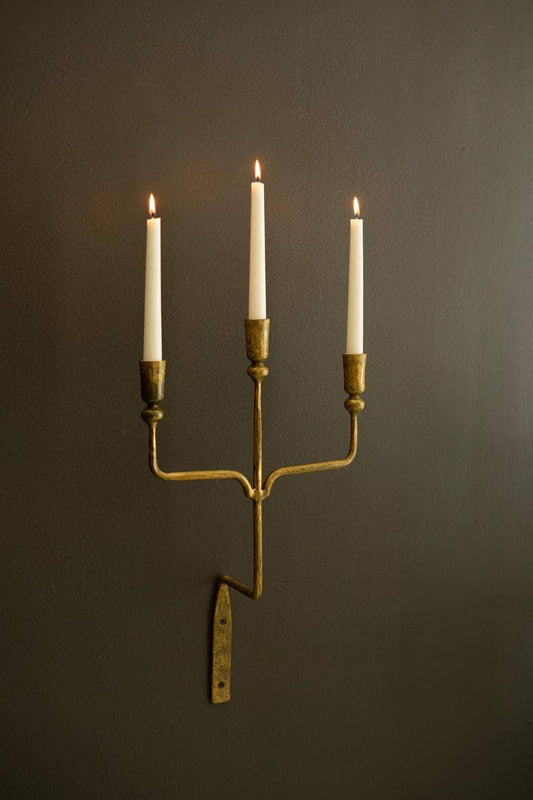TRIPLE TAPER FORGED-IRON WALL SCONCE - ANTIQUE BRASS: Gold / Metal / 11.25" x 4.5" x 20"t