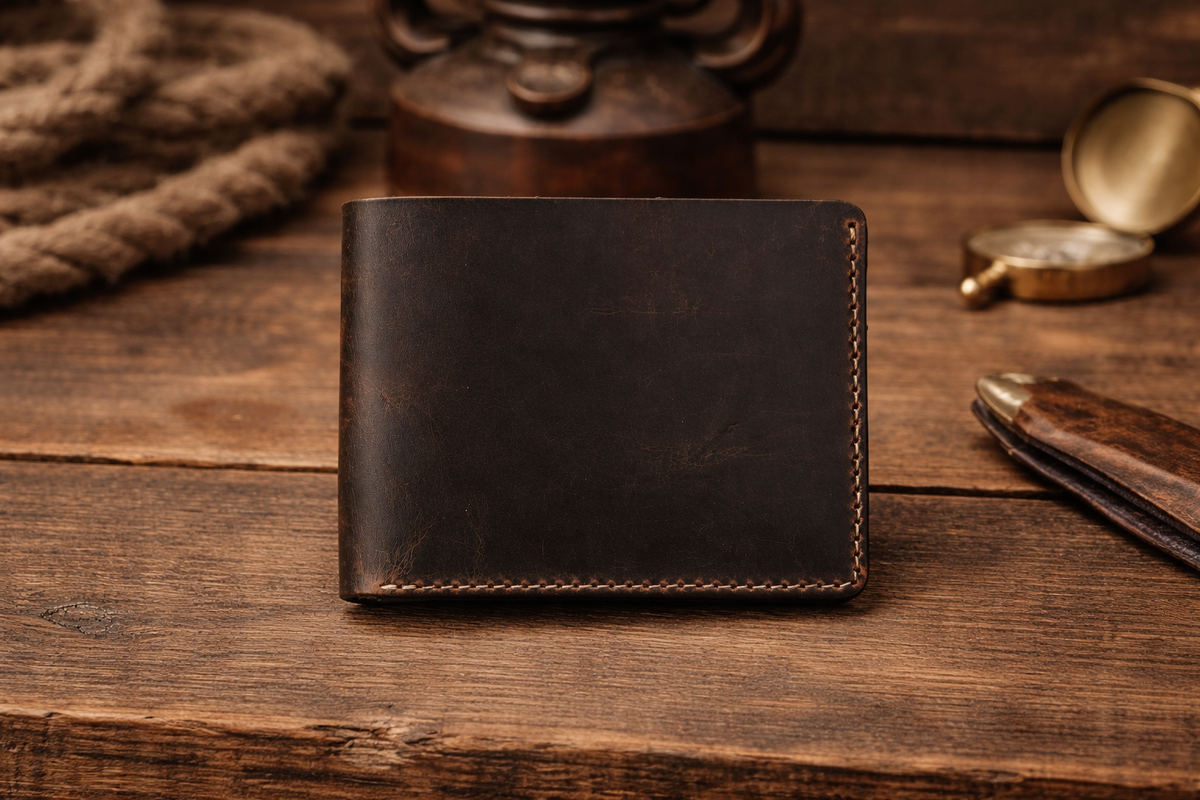 Men’s Full-Grain Crazy Leather Bifold Wallet Premium Leather: Light Brown