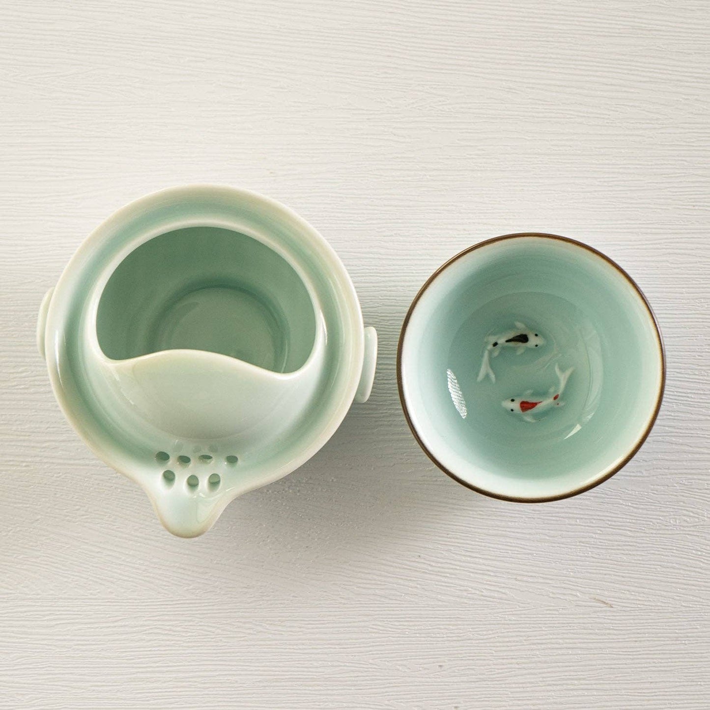 Koi Fish Tea Set 6oz Tea Pot with A Cup Light Blue/ Green