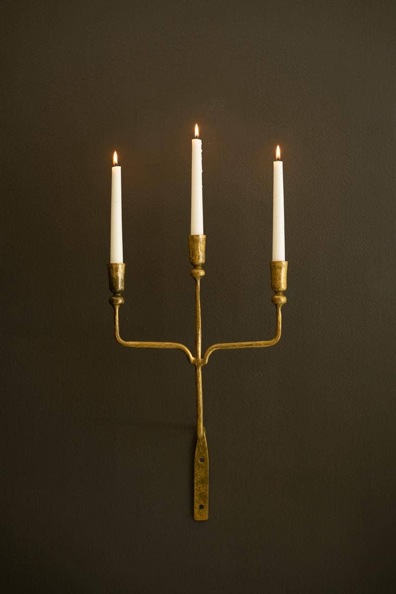 TRIPLE TAPER FORGED-IRON WALL SCONCE - ANTIQUE BRASS: Gold / Metal / 11.25" x 4.5" x 20"t