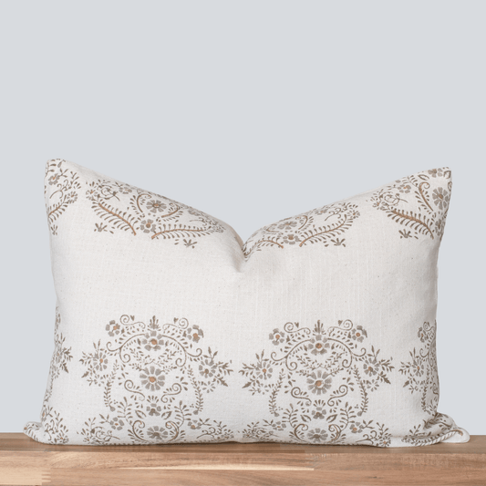 Pilar Floral Block Printed Pillow Cover | Olive, Light Brown, Tan | Lumbar: 14'' x 20''. Feather insert included