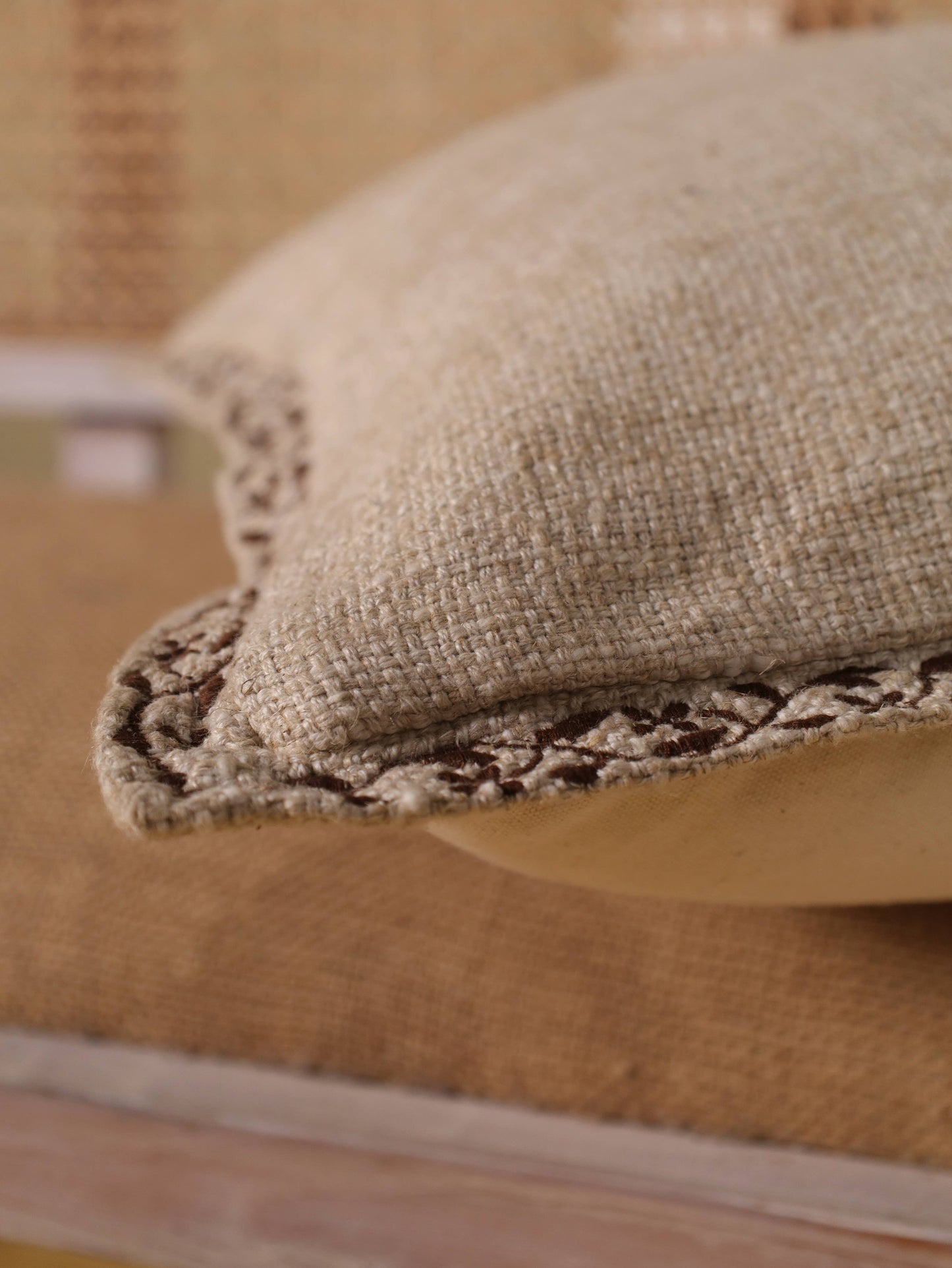 Knubby Linen Pillow Cover 20x20 | Hand Embroidered Edges- Feather insert included