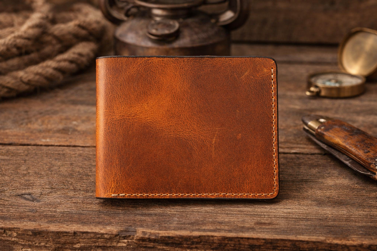 Men’s Full-Grain Crazy Leather Bifold Wallet Premium Leather: Light Brown